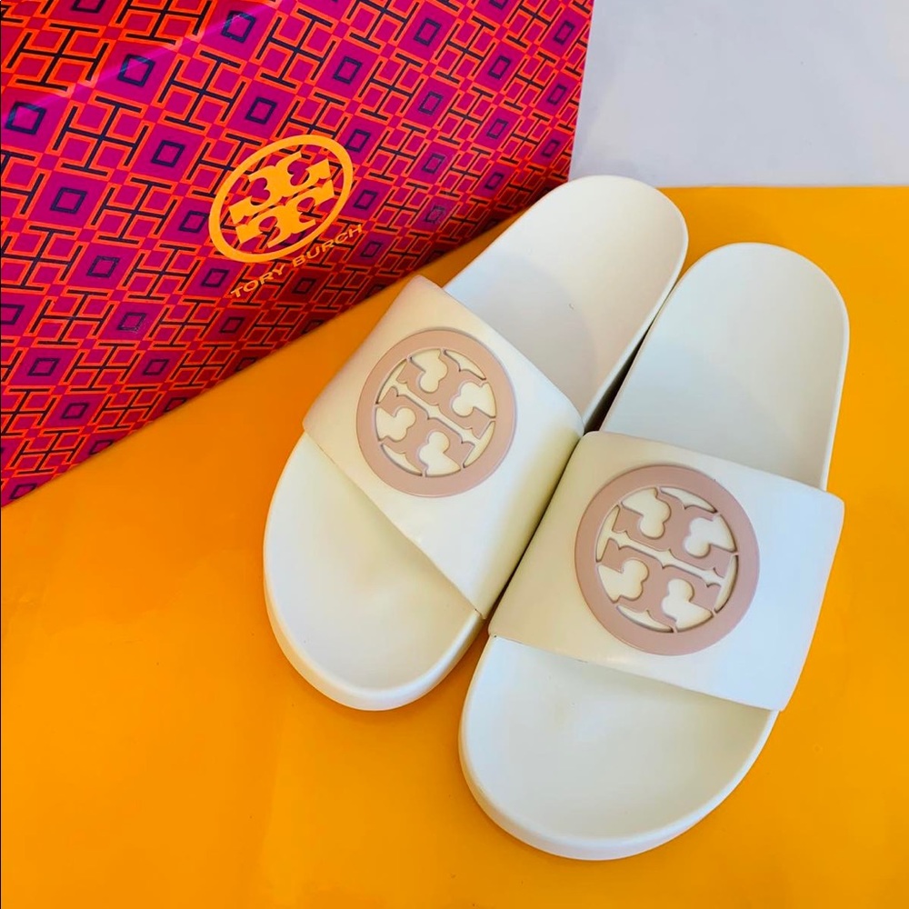 Tory Burch NIB Lina Slide Sandals Leather Logo